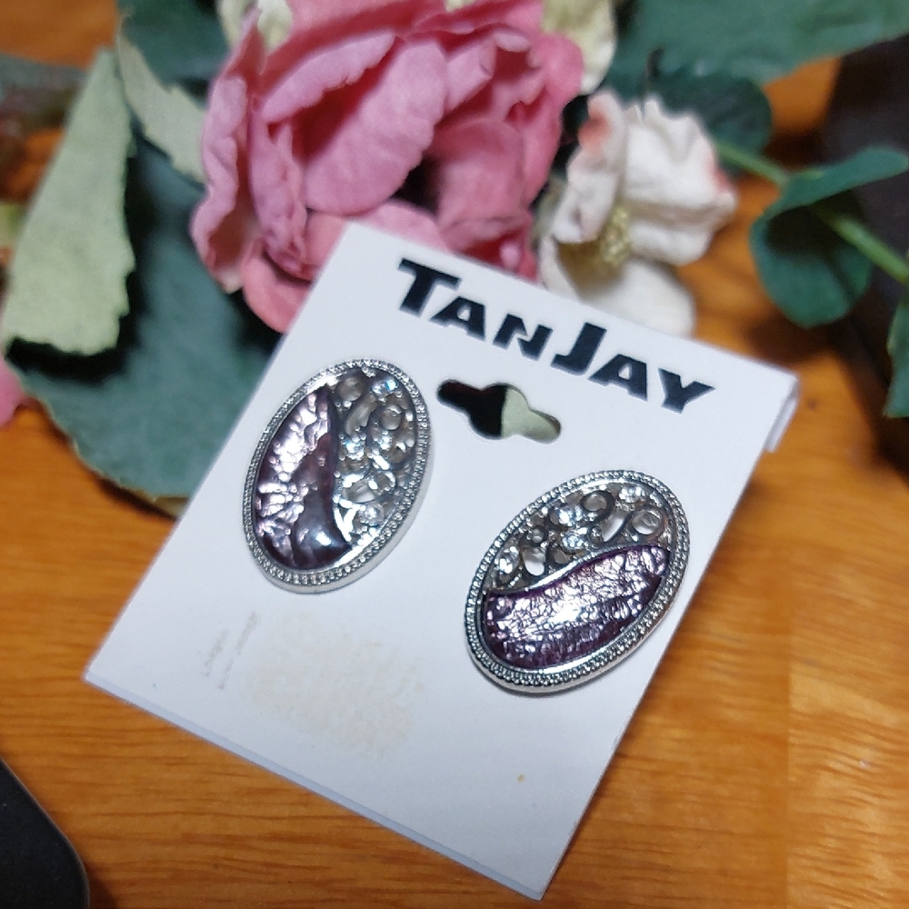 Clip On Earrings New TanJay Silvertone Purple Foil Open Scroll Work